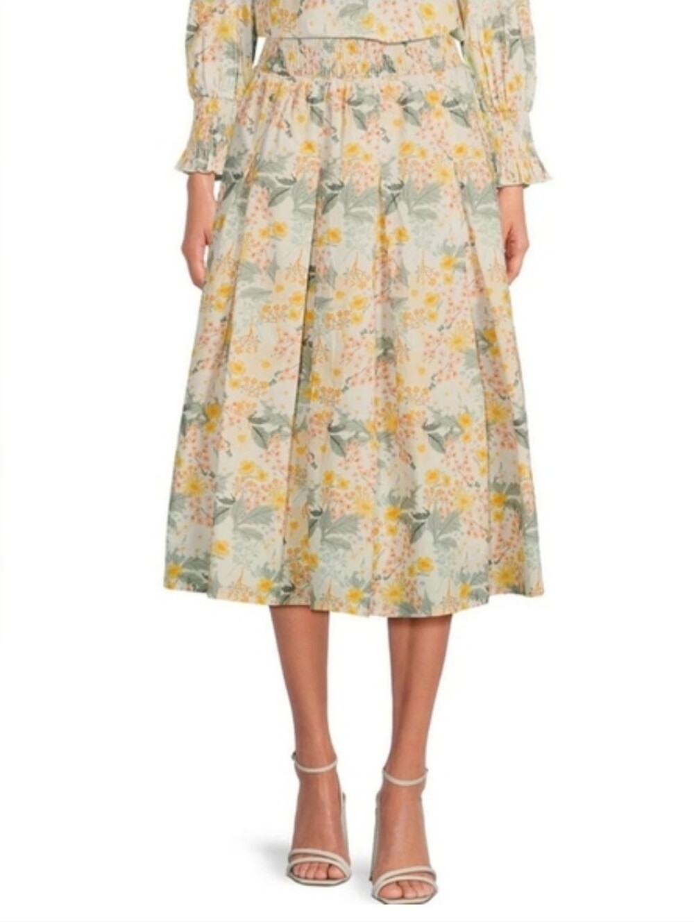 Buru cotton smocked waist skirt featuring a yellow and white floral prin